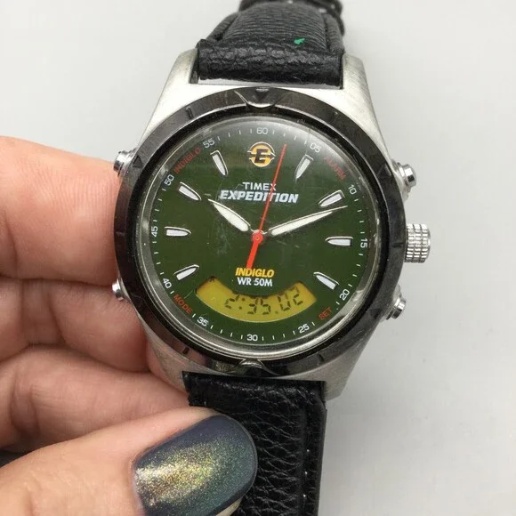Timex Expedition Watch Men Indiglo 37mm Green Dial Analog Digital New Battery - Picture 9 of 15